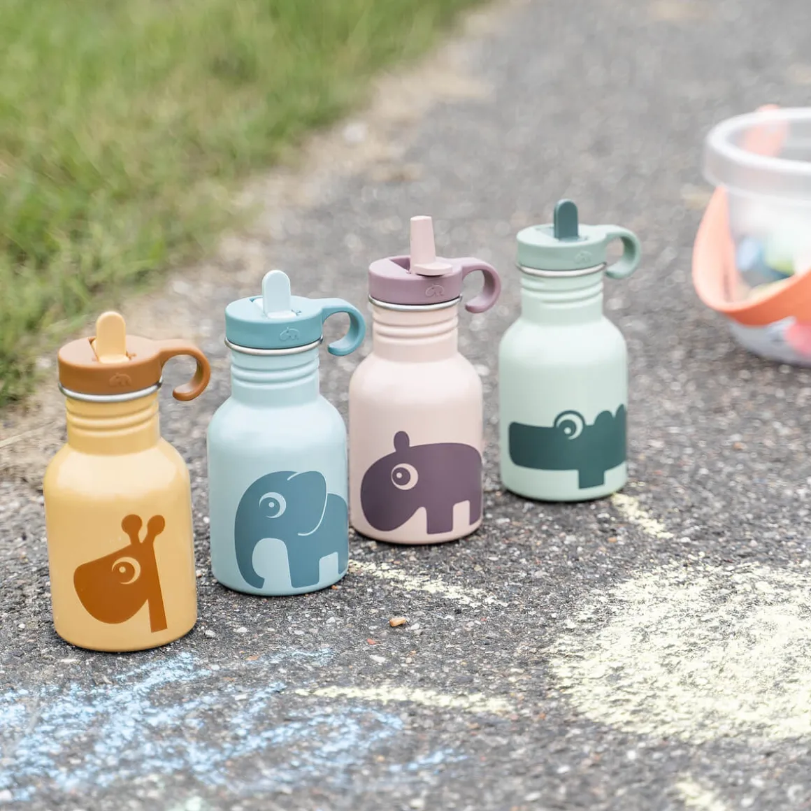 Låg & sugerør - Metalflaske - Sea friends - Mustard